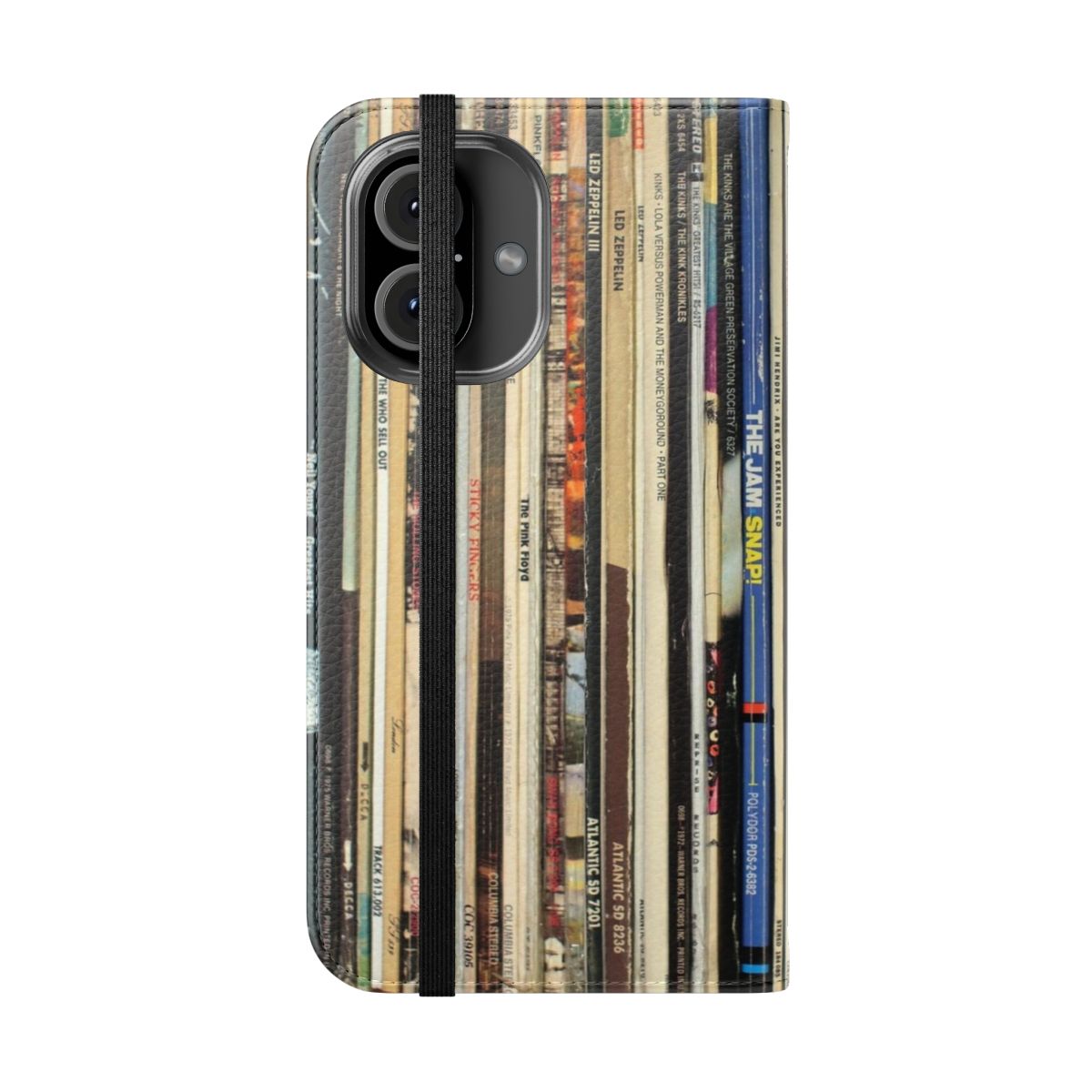 Vintage-inspired flip phone case featuring classic rock vinyl records design - Folded Front