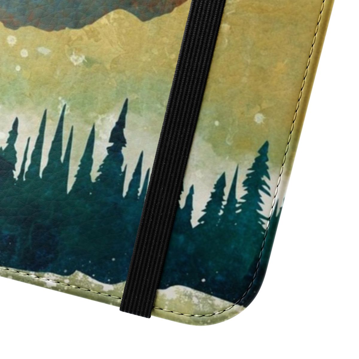 Serene snowy landscape phone case with mountains, trees, and a full moon - Close Up