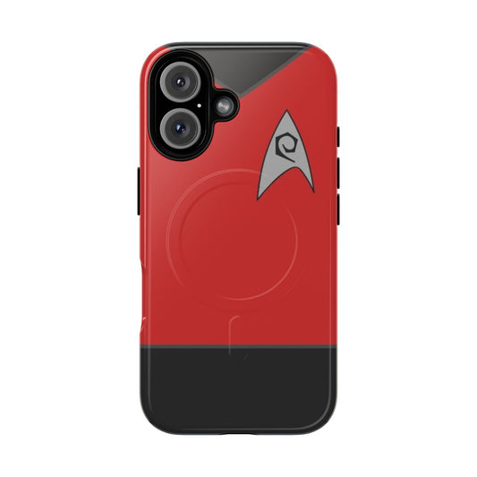 A durable magnetic phone case with a red engineering-style design inspired by the original Star Trek series.