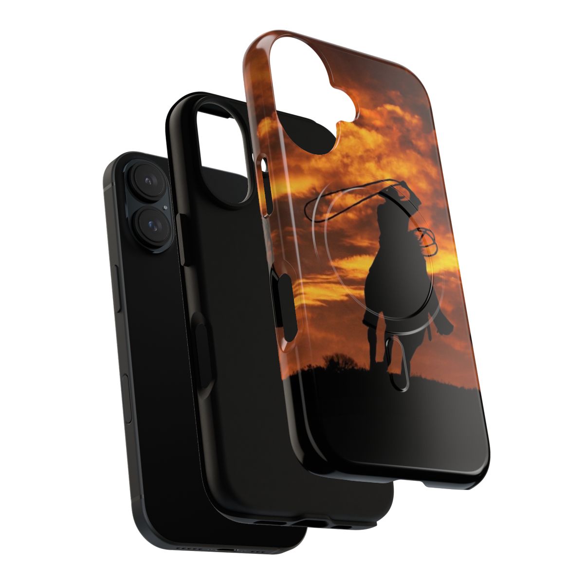 Silhouette of cowboys on horses against a fiery sunset sky on a tough magnetic phone case - Layers