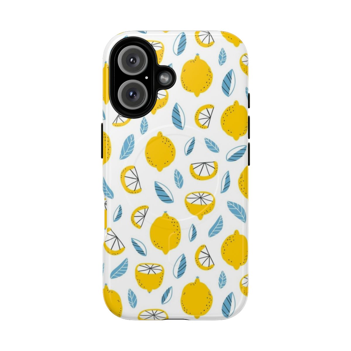 Closeup of a durable phone case with a repeating lemon and citrus print design