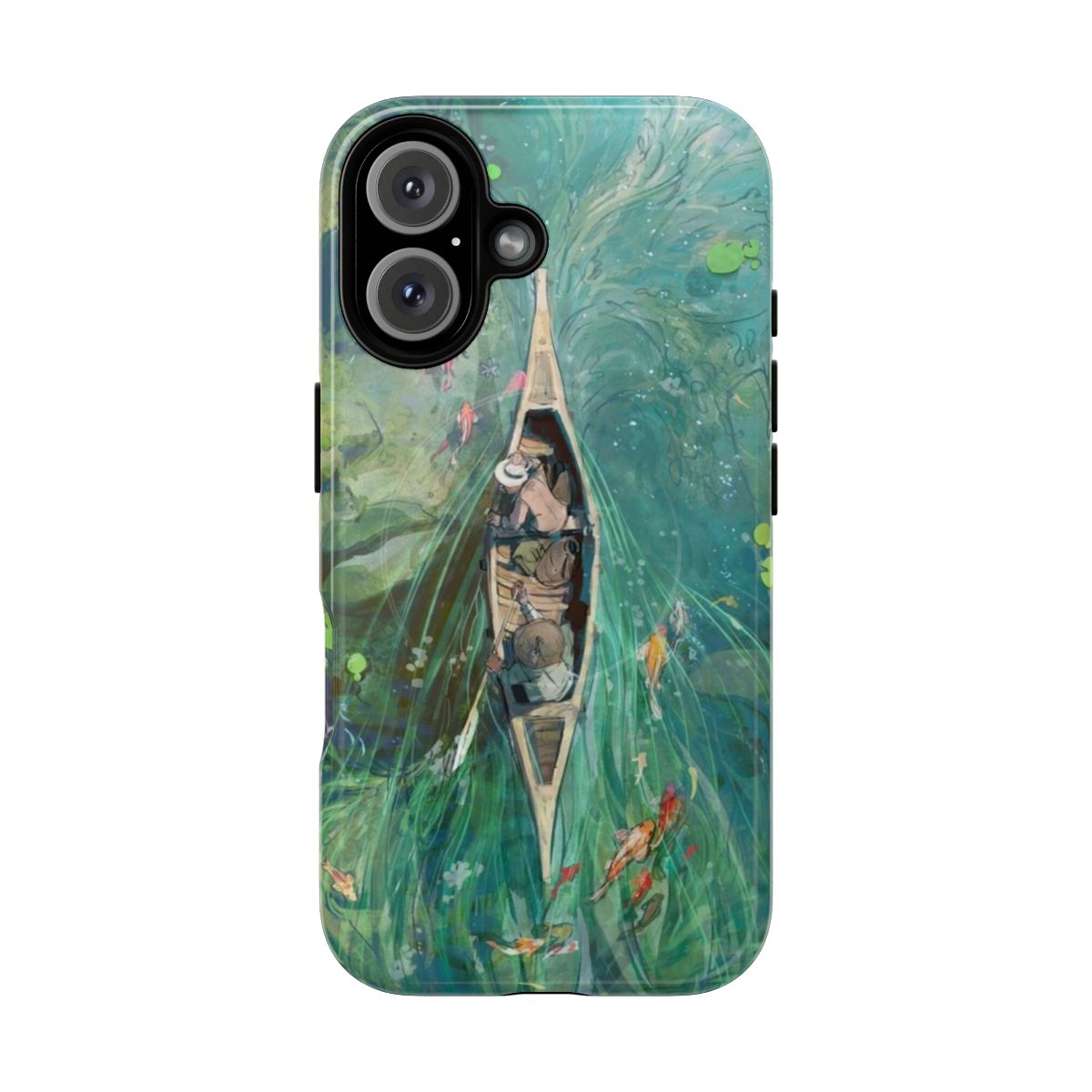 Watercolor painting of koi fish pond with water lilies and nature elements on a phone case