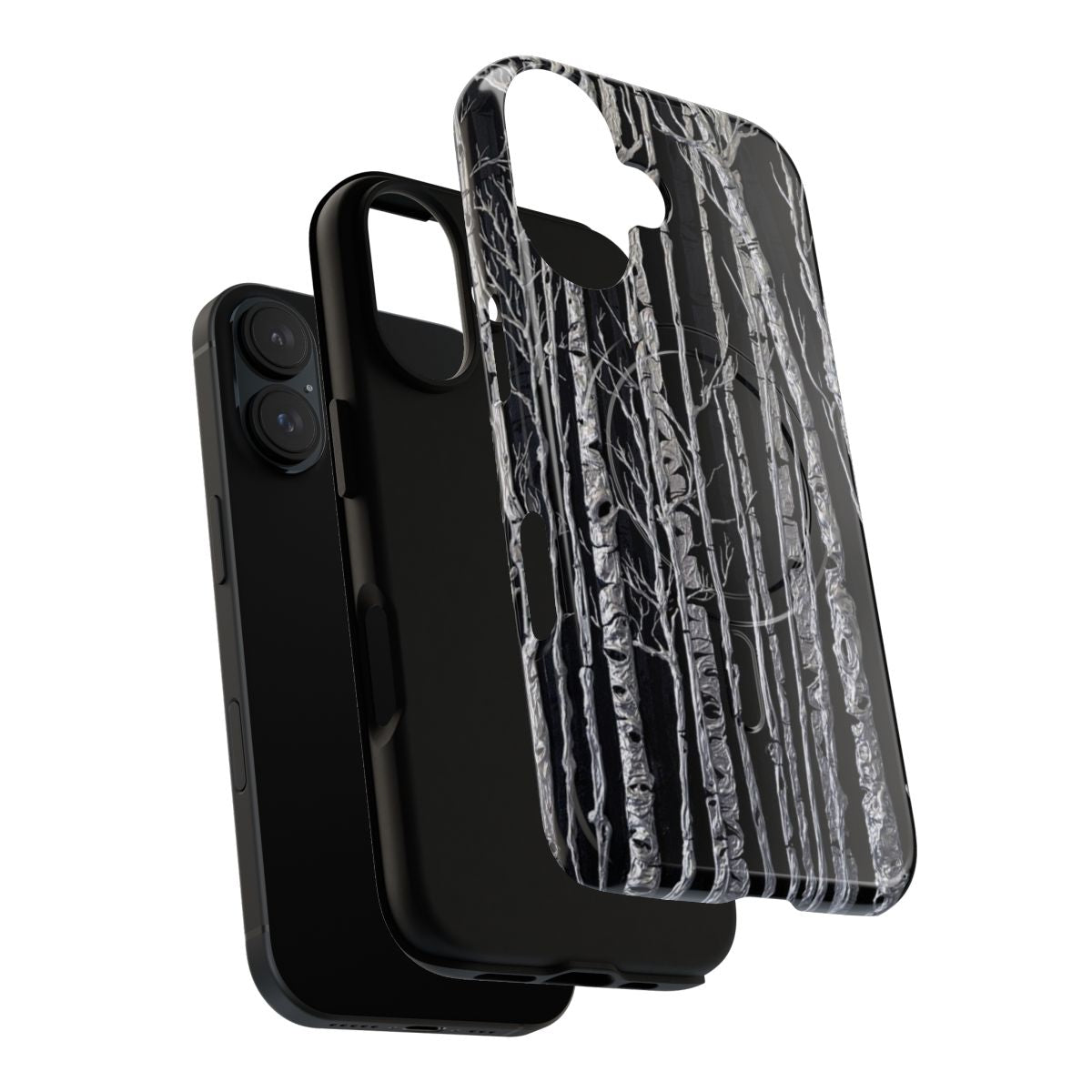 Closeup view of a magnetic phone case with a black and white birch tree design - Layers