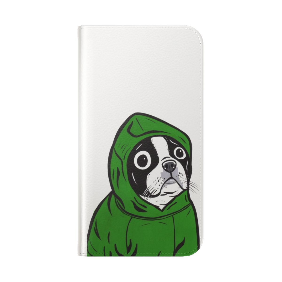 Boston Terrier in a green hoodie on a flip cover phone case with a pop art style design. - Folded Back