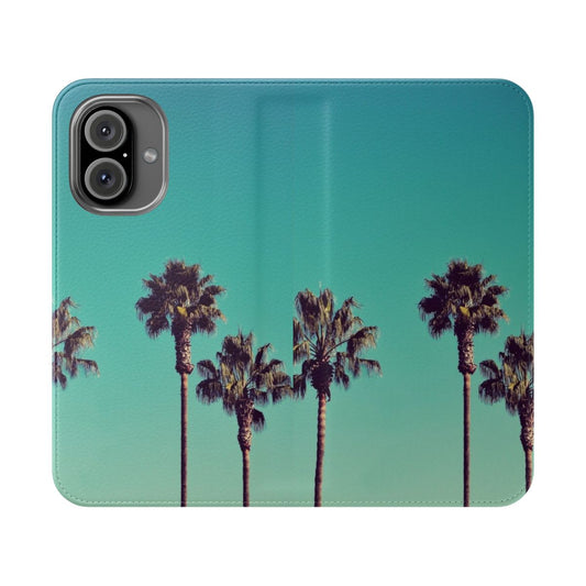 Vibrant phone case featuring a minimalist design of palm trees against a turquoise and blue background, representing the natural beauty of California.