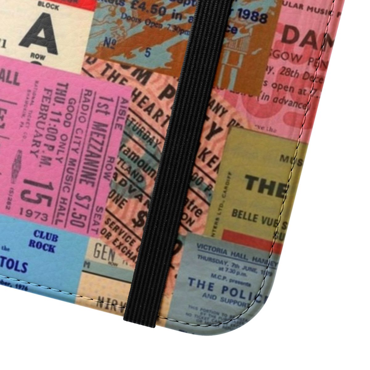 Vintage concert ticket stub phone case featuring a flip cover design. - Close Up