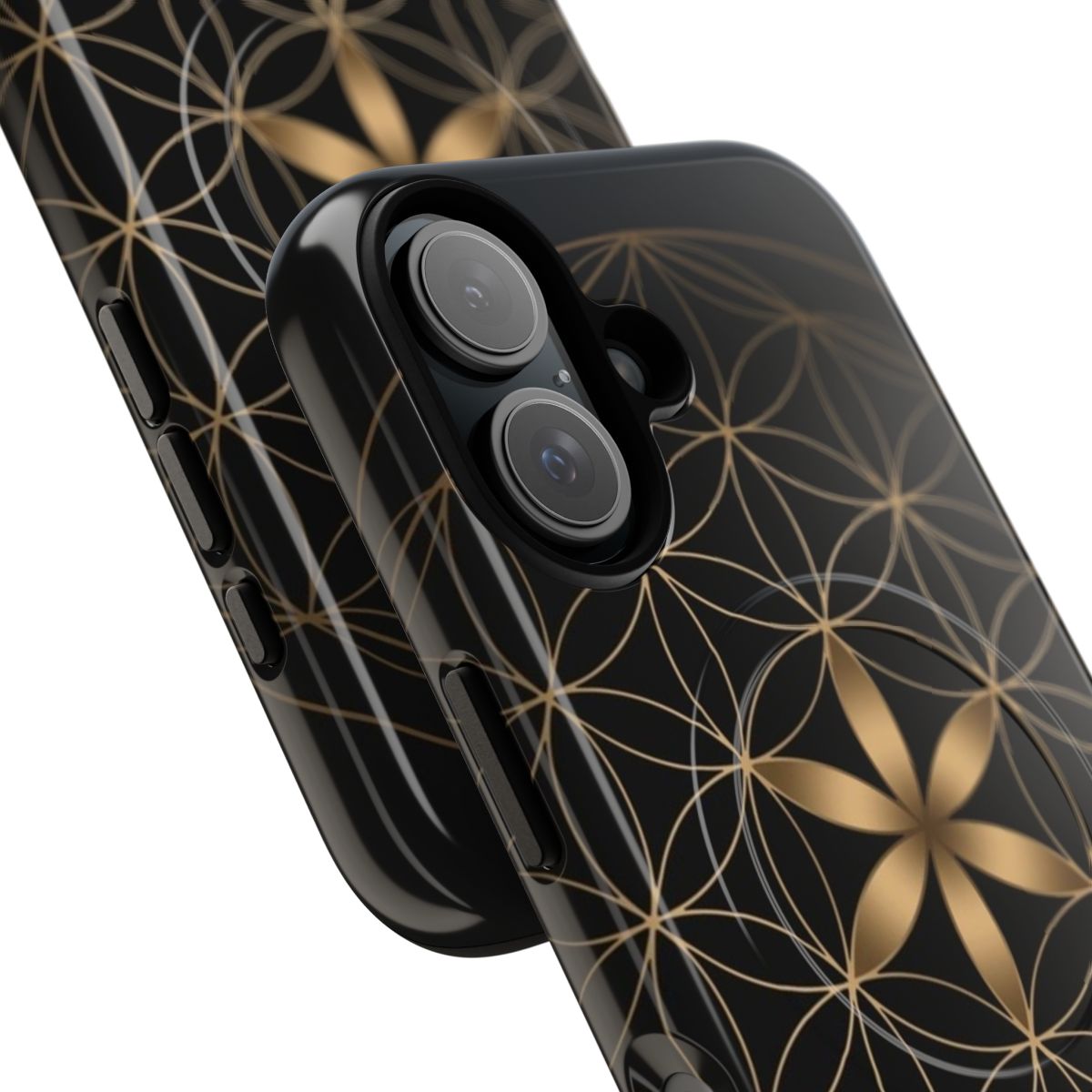 Flower of life design on a black and gold magnetic phone case - Detail