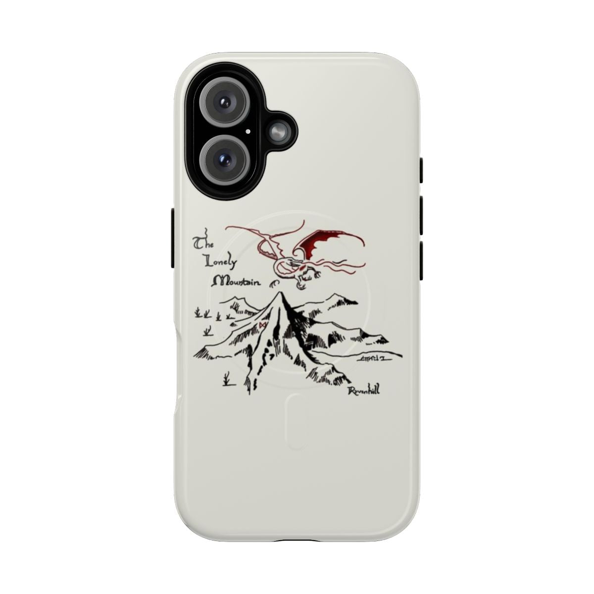 A tough phone case featuring a fantasy landscape with a dragon's hoard in a solitary mountain.