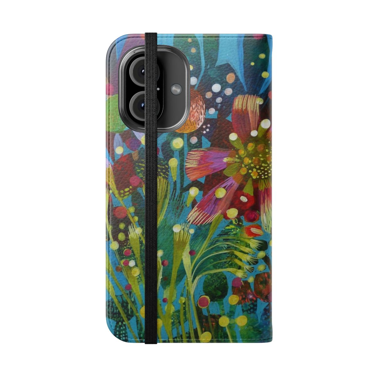 Colorful floral pattern on a phone case with a flip cover - Folded Front