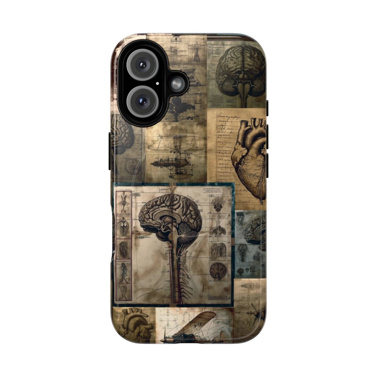 Vintage-inspired phone case featuring fantasy medical school art design