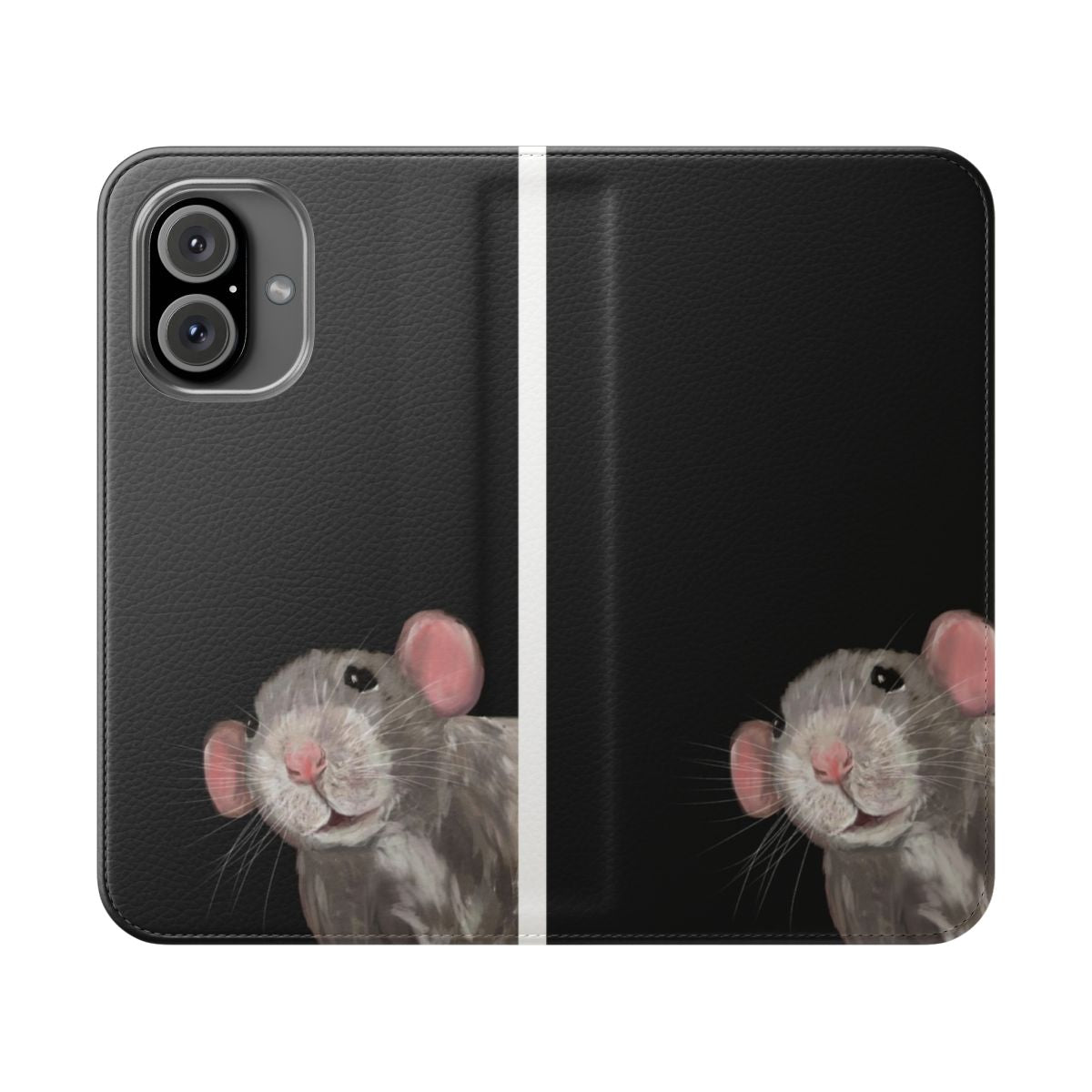 A stylish flip phone case featuring a portrait of a cute grey and black dumbo rat.