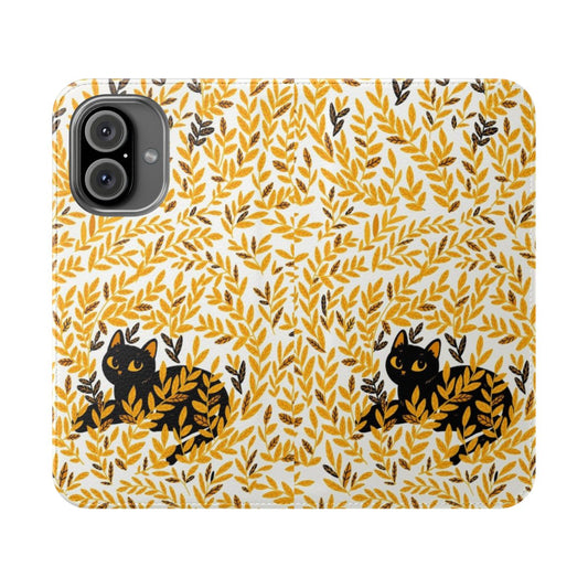 Autumn-themed phone case with a black cat and yellow leaves