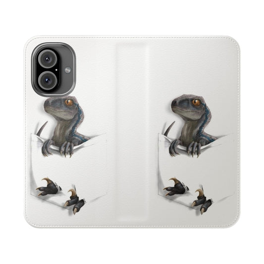 Blue flip cover phone case with a dinosaur-inspired design