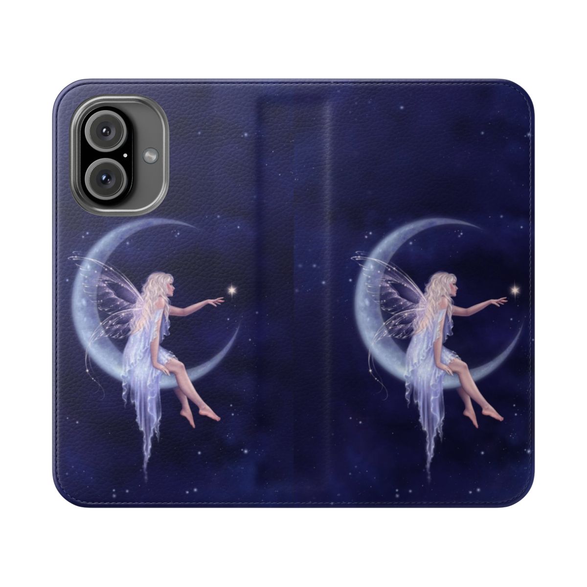 Whimsical fairy phone case featuring a crescent moon and stars against a dark blue background