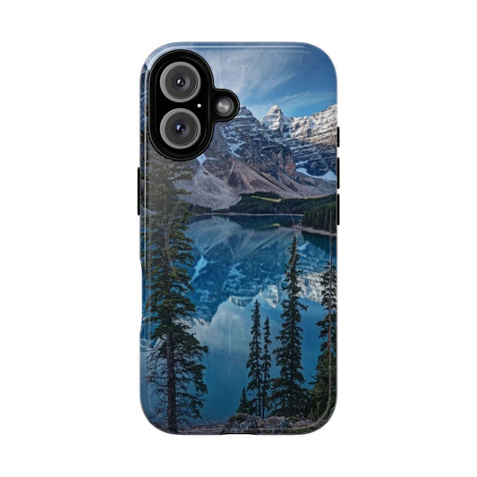 Moraine Lake Magnetic Phone Case featuring a breathtaking mountain landscape with snow-capped peaks, trees, and reflections in the water.