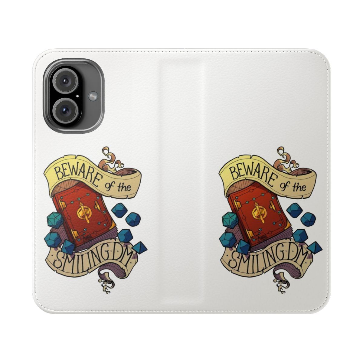 Flip cover phone case with a smiling dungeon master design, perfect for D&D fans.