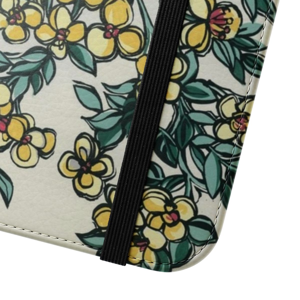 Handpainted retro phone case featuring Australian native flowers like wattle and gumflowers - Close Up