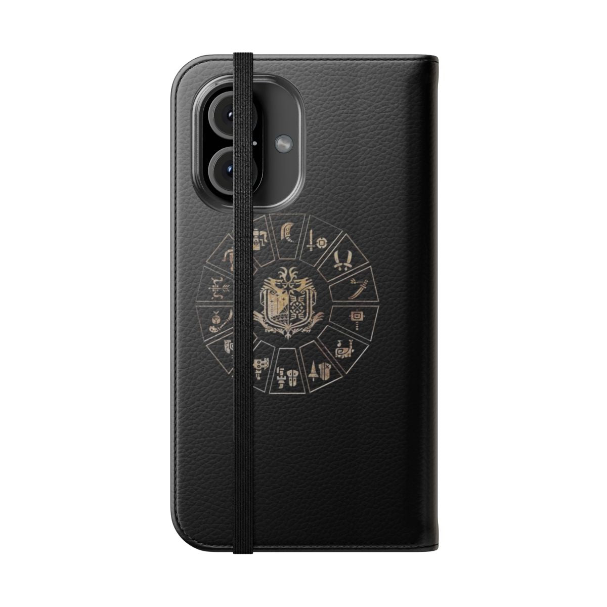 Monster Hunter-themed flip cover phone case with weapon wheel design - Folded Front