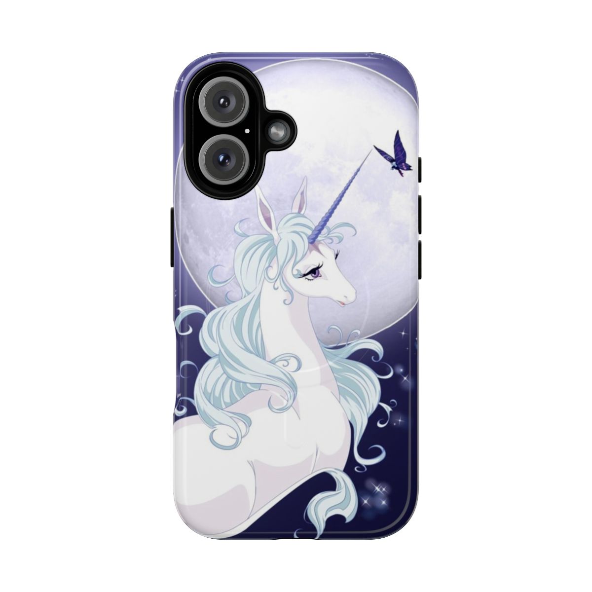 A phone case featuring a silhouetted unicorn and full moon design.