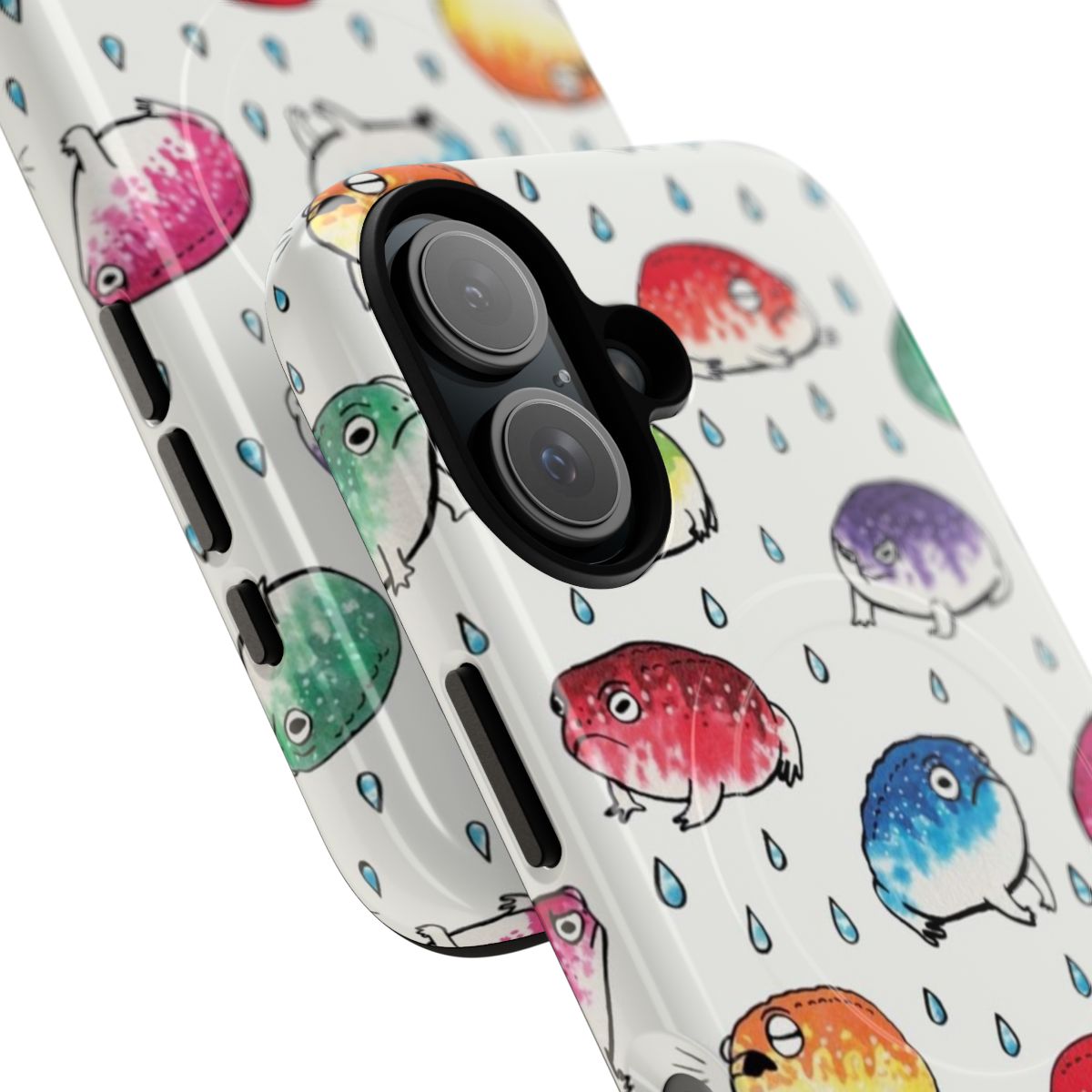 Colorful round frog with rain droplets on a phone case - Detail