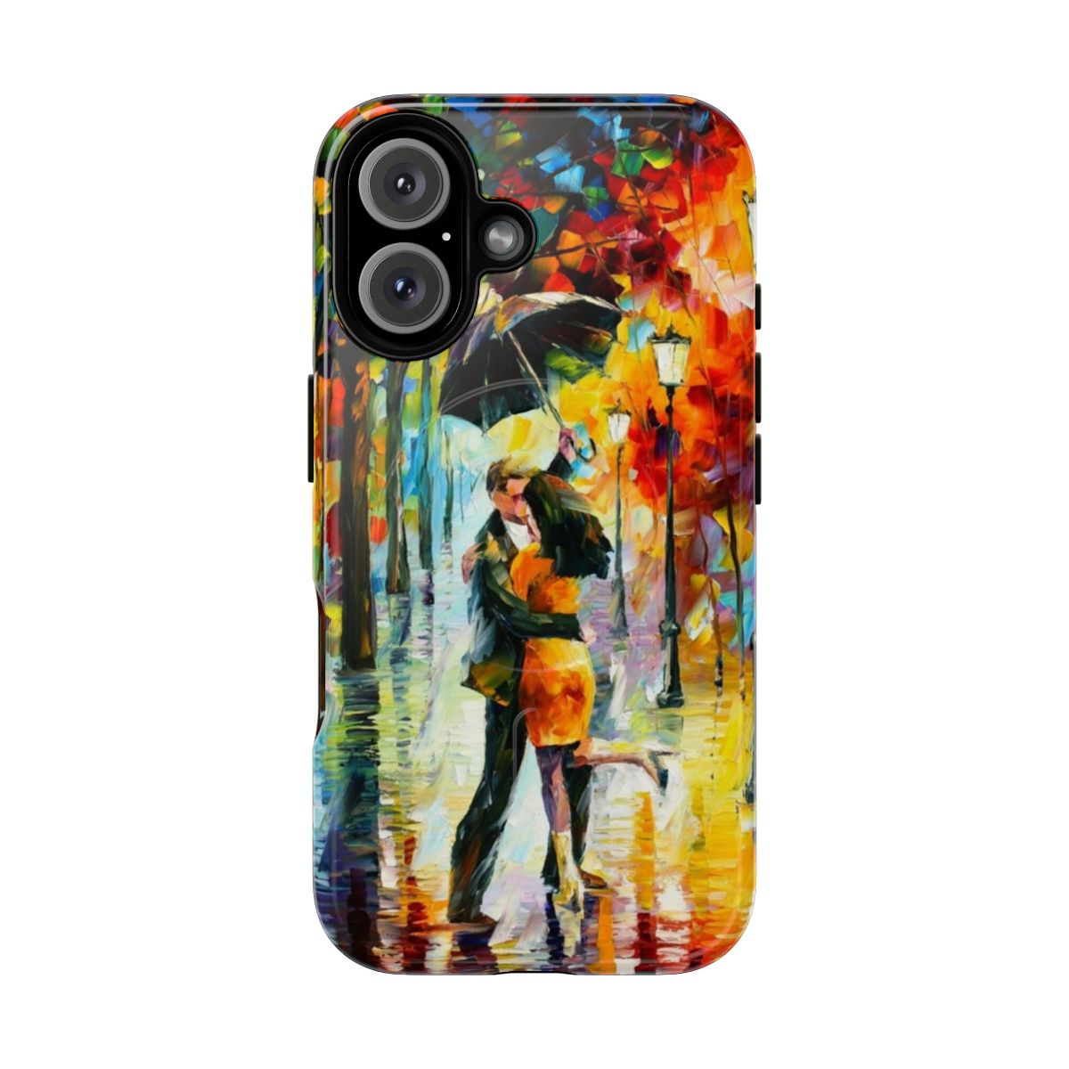 Leonid Afremov inspired magnetic tough phone case featuring a vibrant oil painting of people dancing under the rain in a city street.