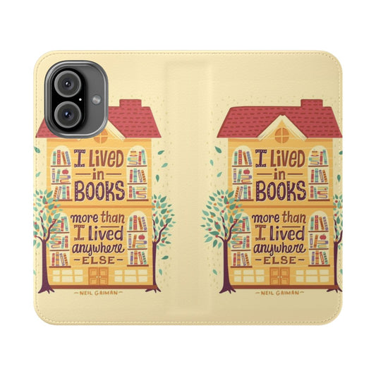 A flip cover phone case featuring a hand-lettered "Lived in books" design against a backdrop of books and bookshelves.