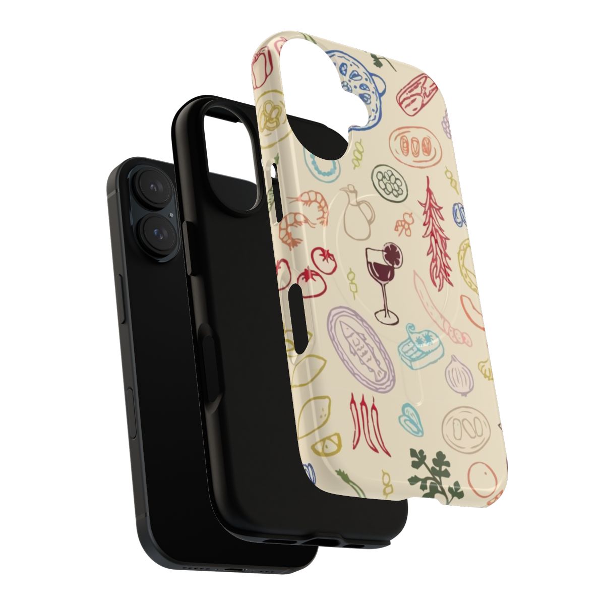 Colorful and stylish phone case featuring an Amalfi-inspired pattern with fruits and sketches. - Layers