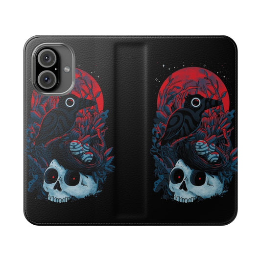 Mystic gothic fantasy phone case featuring a rebirth design with skulls, birds, and a red moon.