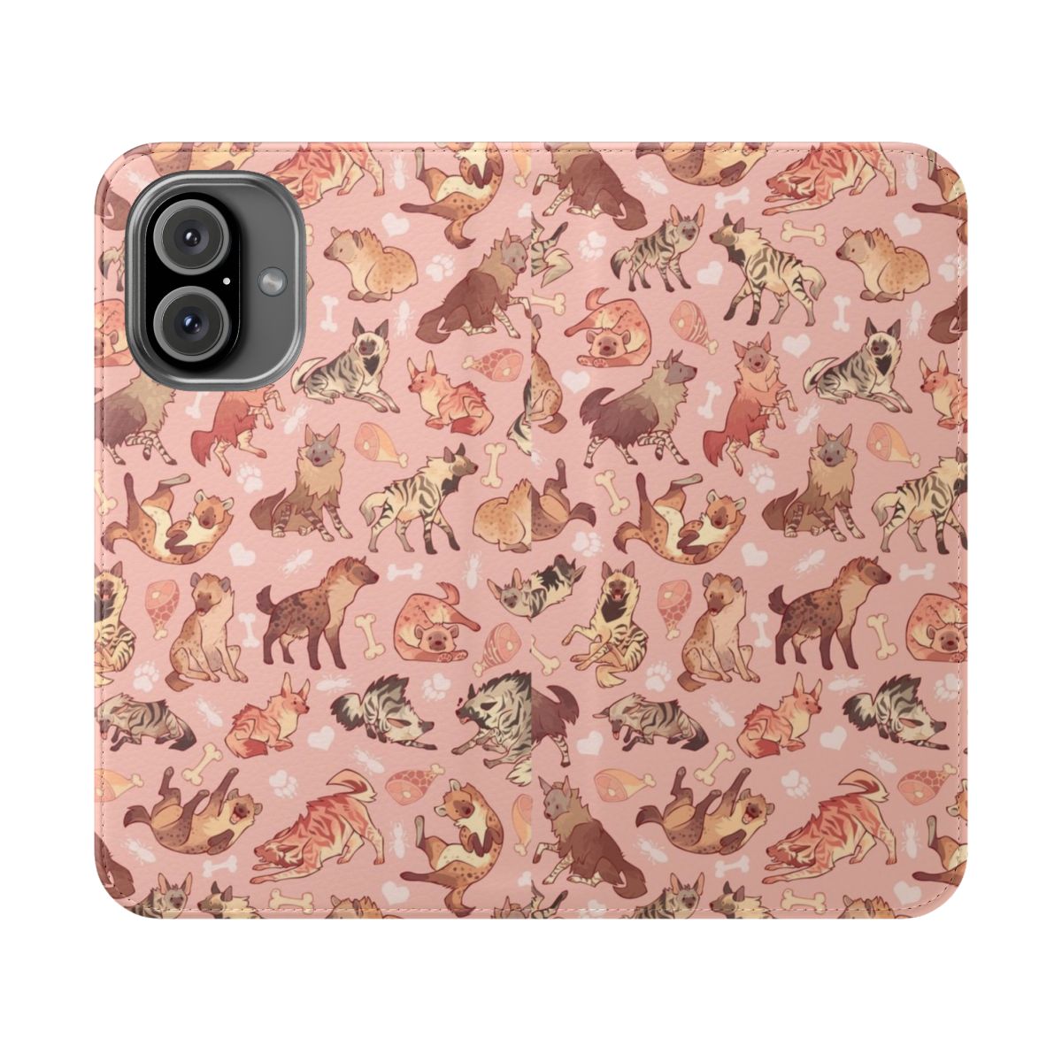 Colorful hyena print pattern on a protective flip phone case.