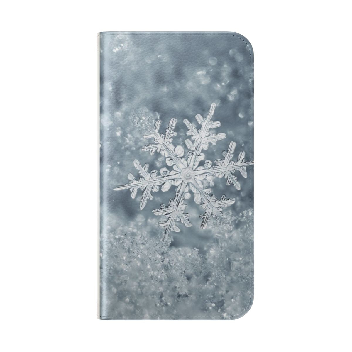 Snowflake-patterned flip cover phone case in white and blue tones. - Folded Back