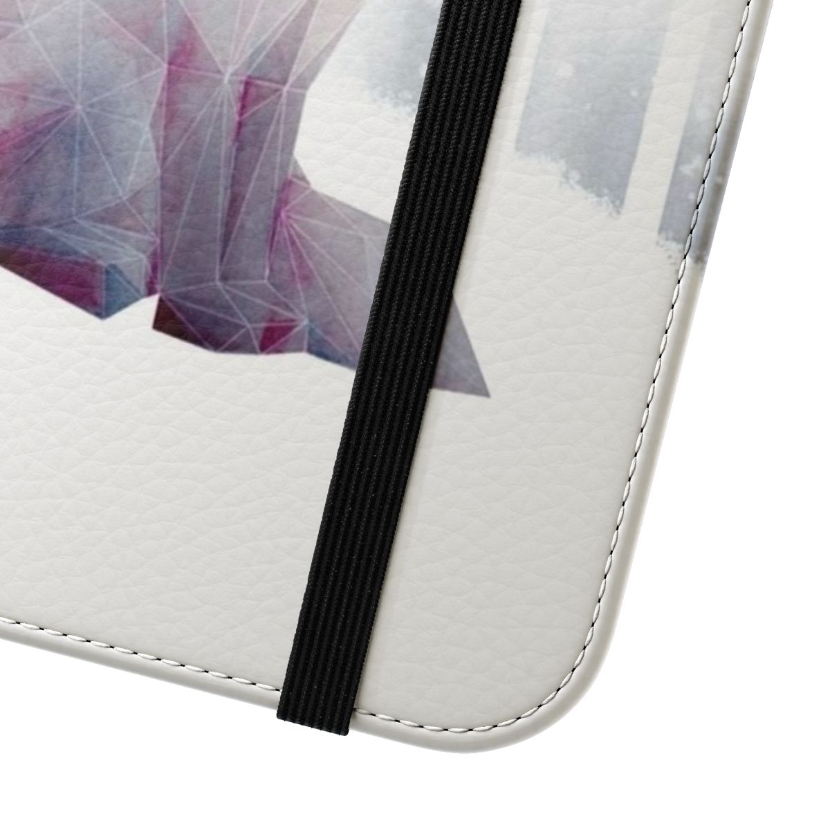 Geometric phone case with a watercolor painting of a fox in a snowy forest landscape - Close Up