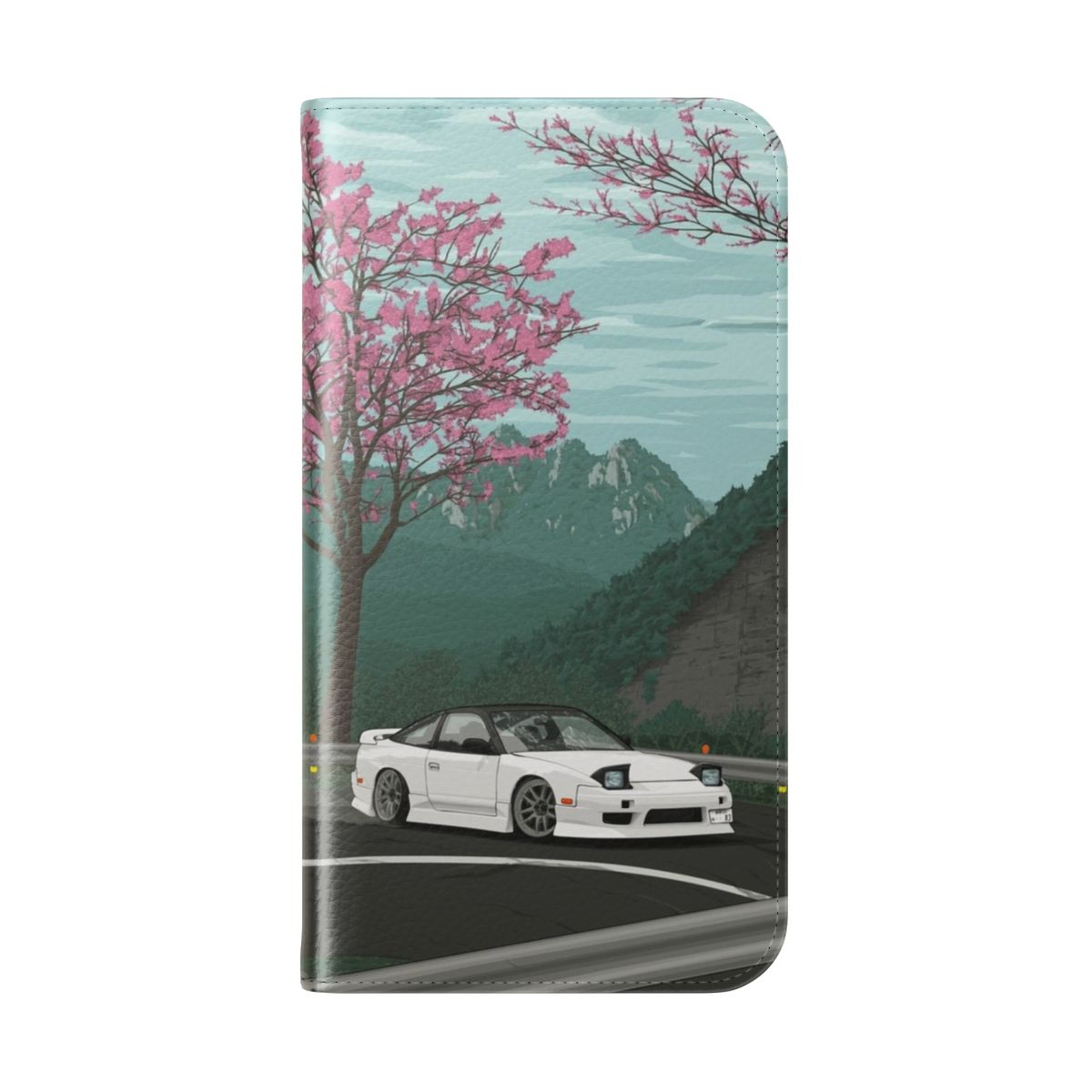 Flip cover phone case featuring a Nissan S13 180sx drift design - Folded Back