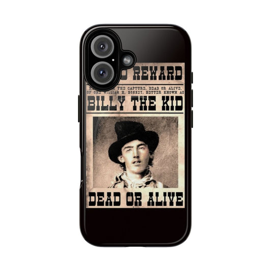 Vintage-style phone case featuring a 'Wanted' poster for outlaw William H. Bonney, also known as Billy the Kid.