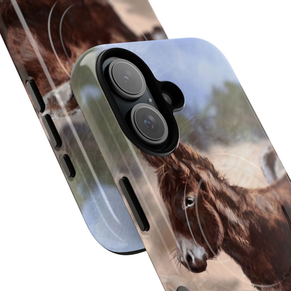 Magnetic phone case featuring a cute donkey design in a western, cowboy-inspired landscape. - Detail