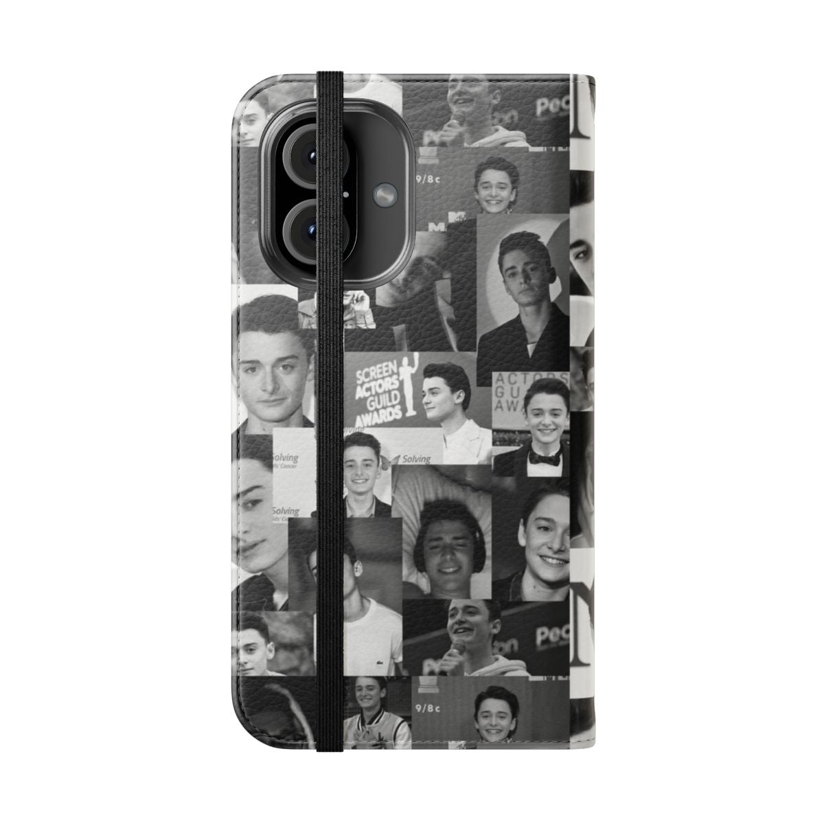 Black and white phone case featuring a portrait of Noah Schnapp, the actor who plays Will Byers in Stranger Things. - Folded Front