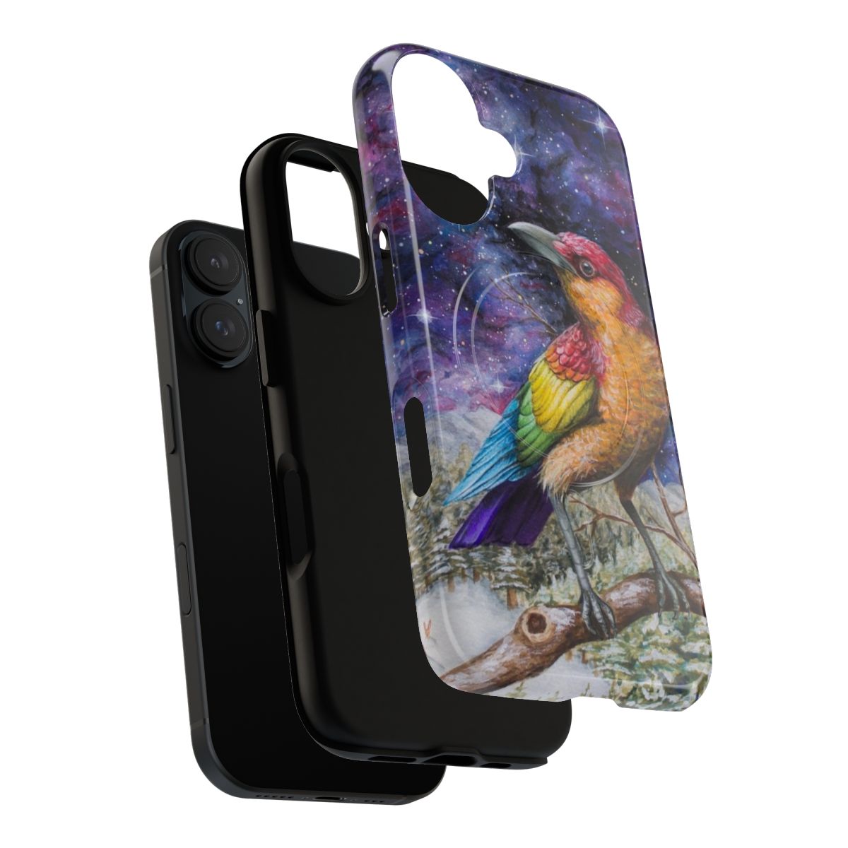 Colorful phone case featuring a majestic rainbow crow in a galaxy background - Layers