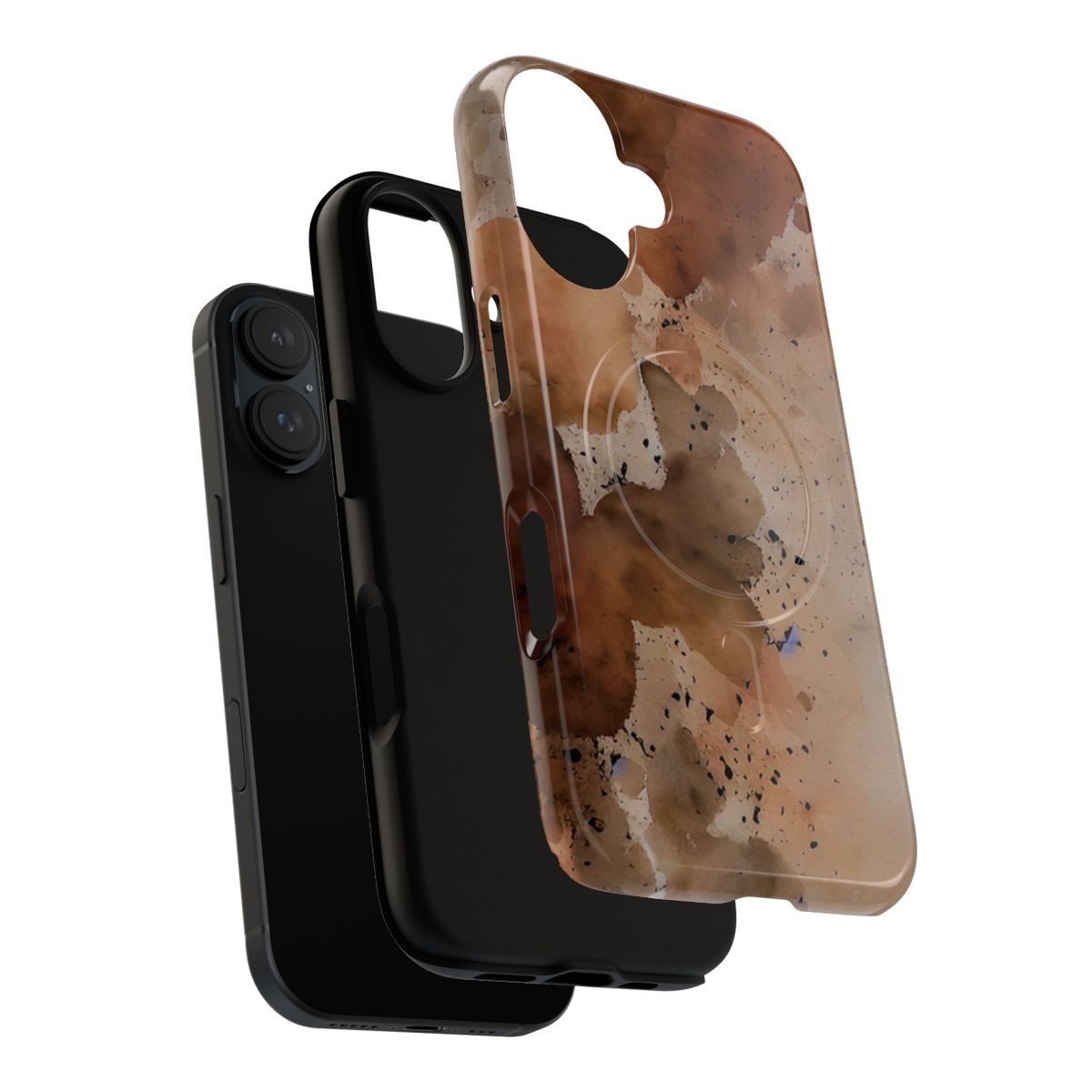 Colorful watercolor paint splatter design on a durable phone case in earth tone colors. - Layers