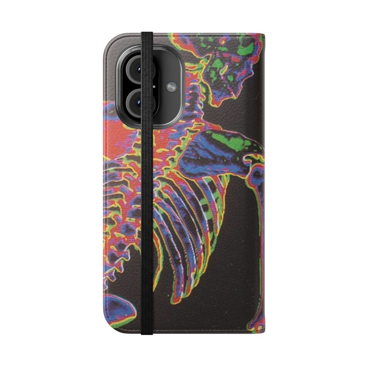 Aesthetic skeleton-patterned flip cover phone case with thermal design - Folded Front