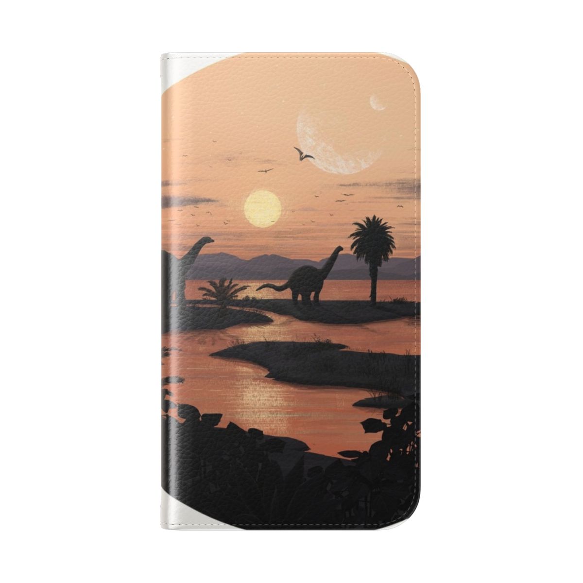 Colorful phone case featuring a Jurassic-inspired beach landscape with dinosaurs, sun, and ocean. - Folded Back