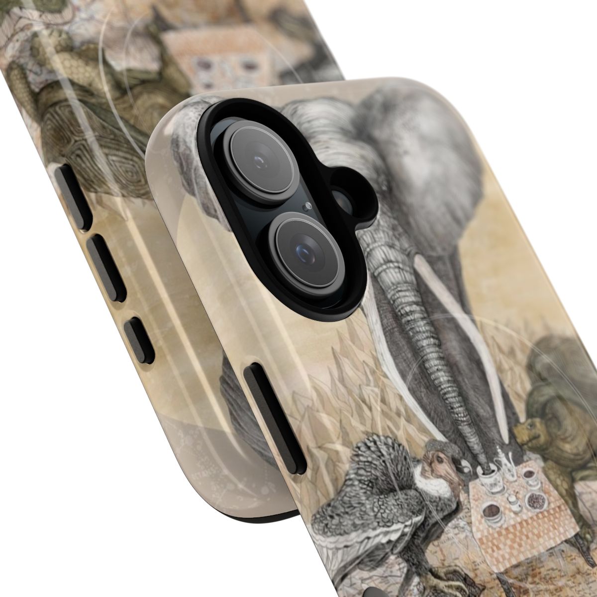 Vintage-style phone case with illustrations of an aldabra giant tortoise, andean condor, and asian elephant. - Detail