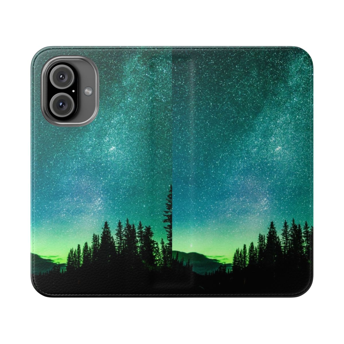 Cosmic aurora borealis phone case with vibrant neon green and stars