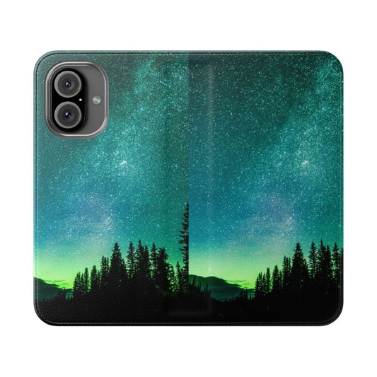 Cosmic aurora borealis phone case with vibrant neon green and stars