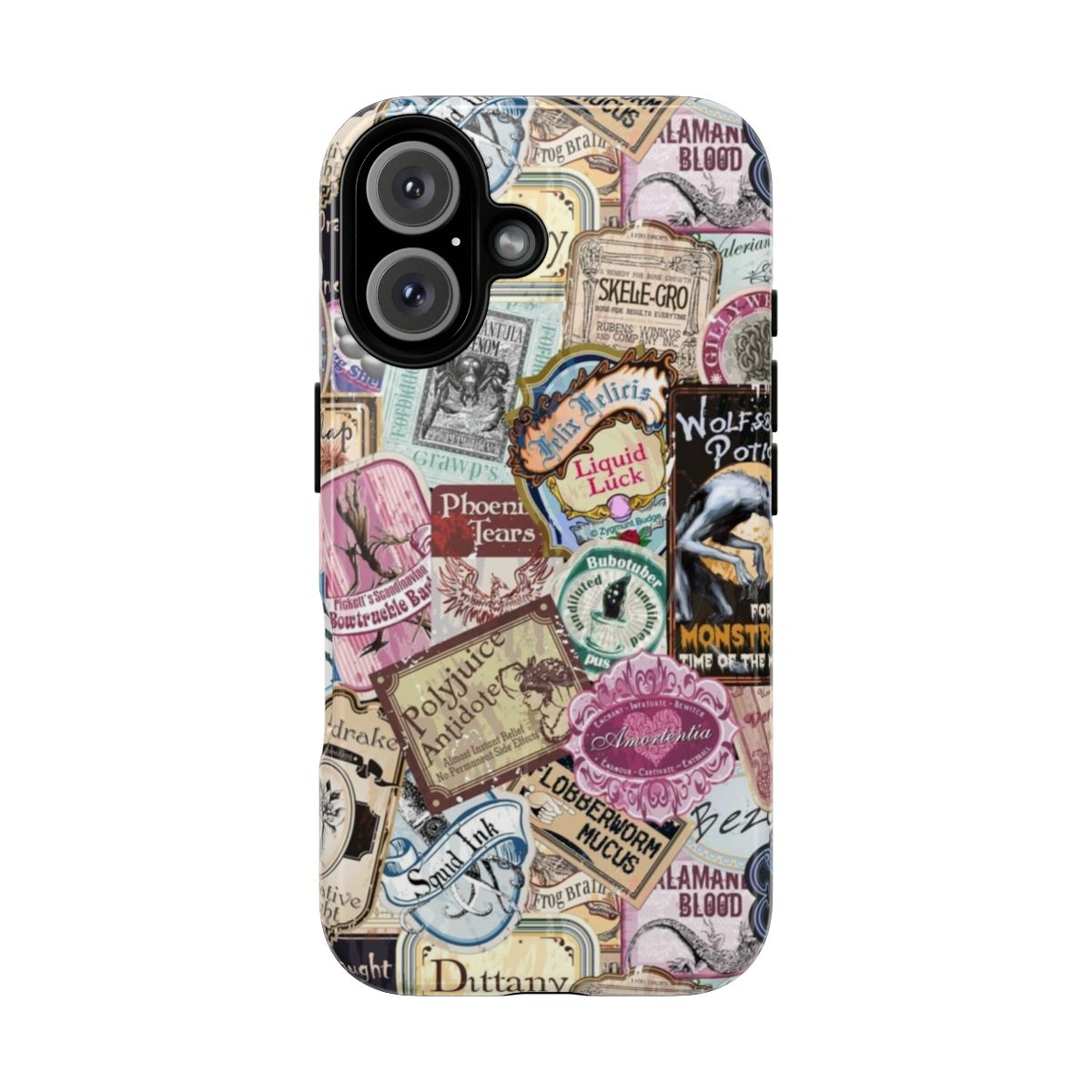 Magical apothecary-themed phone case with vintage wizard and potion design