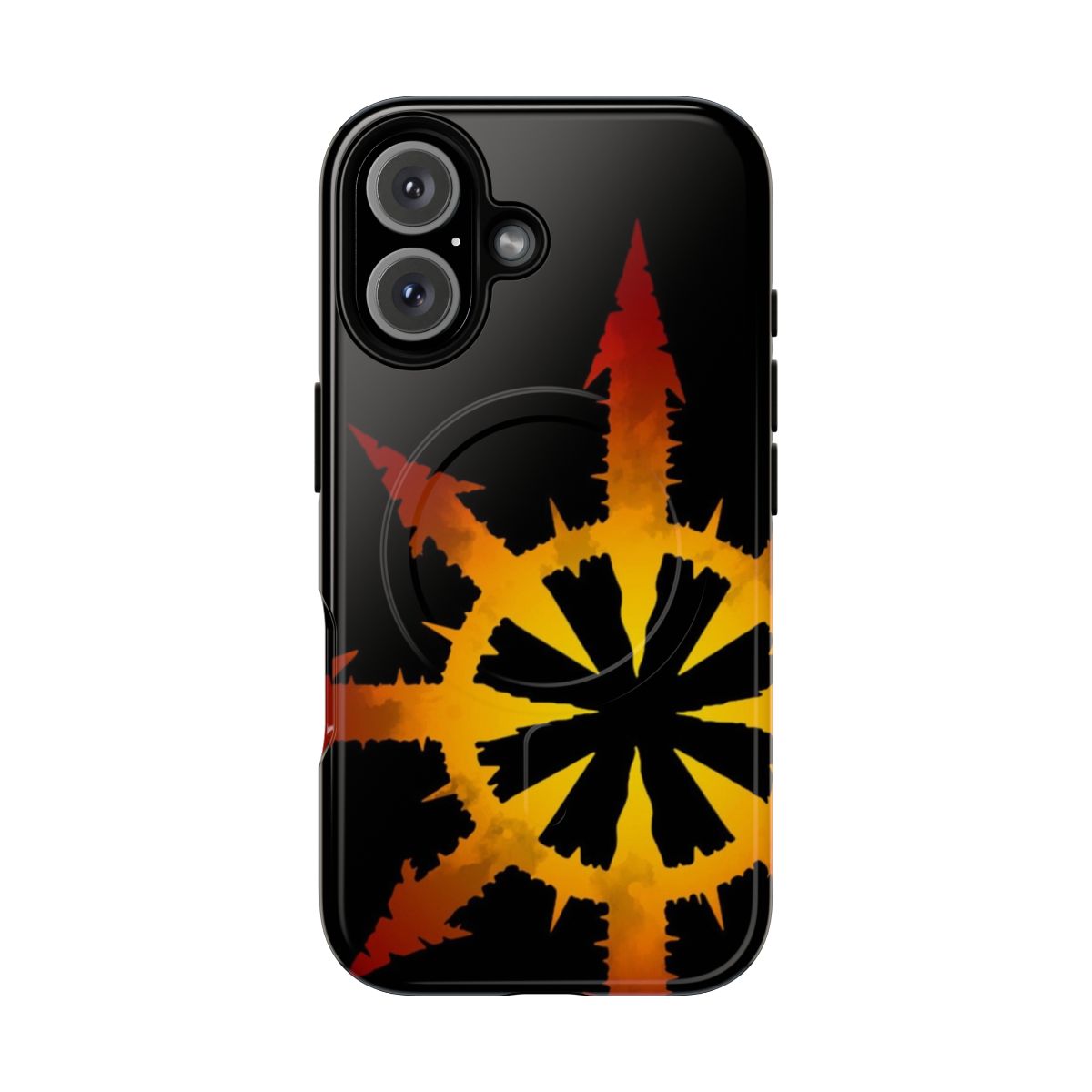 Chaos themed magnetic tough phone case with a burning design