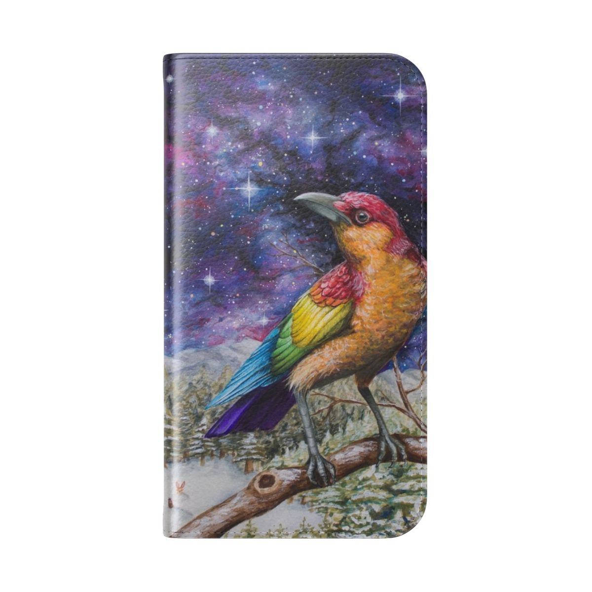 Colorful flip cover phone case featuring a detailed rainbow crow design - Folded Back