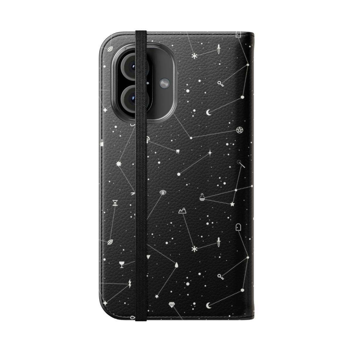 Constellation black and white flip phone case with stars and celestial patterns - Folded Front