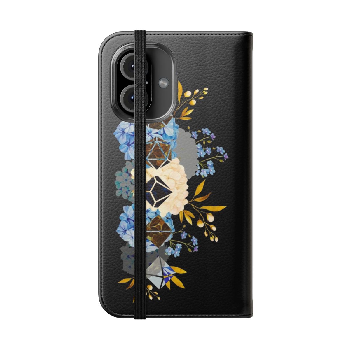 Blue and purple hydrangea flowers with dice, on a flip cover phone case - Folded Front