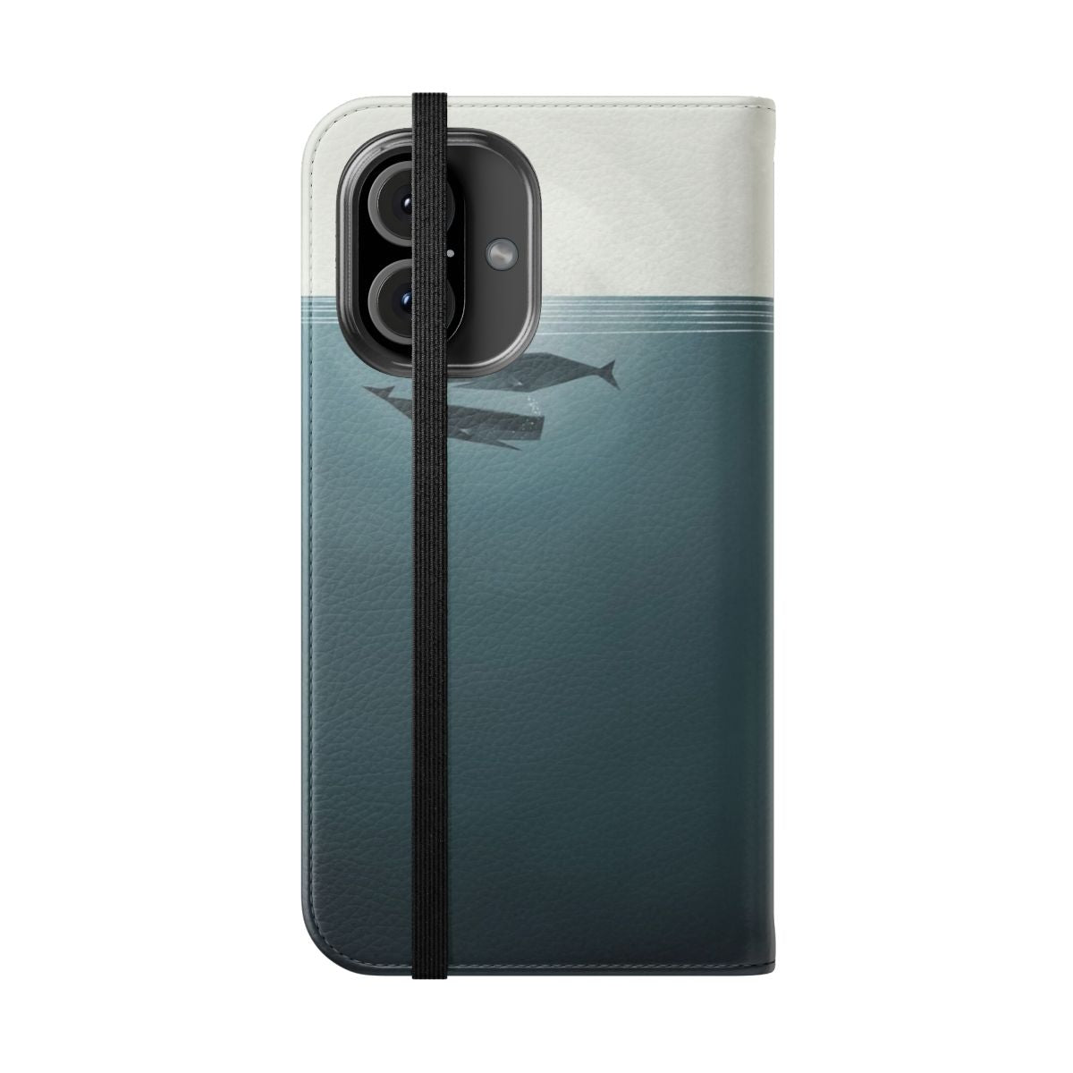 A flip cover phone case featuring a design with whales swimming in the deep blue ocean. - Folded Front