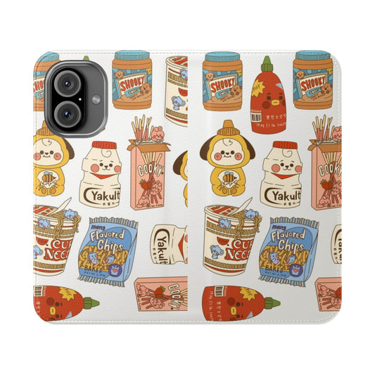 Bangtan-inspired flip phone case with aesthetic food art design