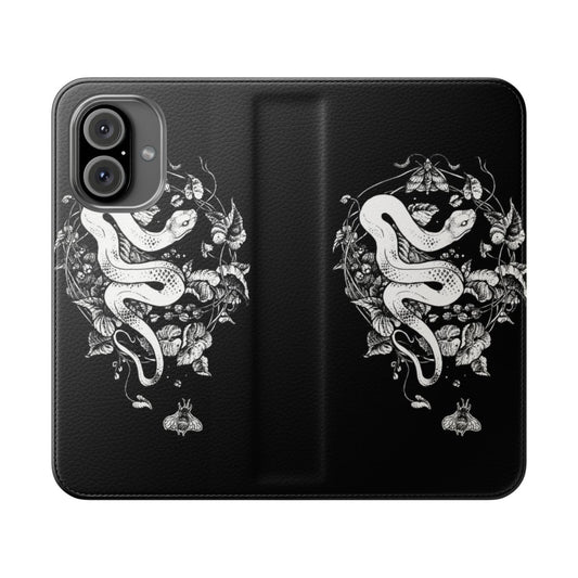 Dark art-inspired flip cover phone case with snake, moth, and floral design